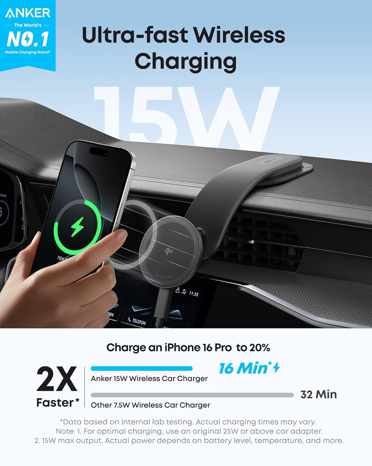 Anker Nano Magnetic Wireless Car Charger, 360° Adjustable Mount Car Charger with Detachable Pad, 15W Qi2 Certified with Alloy Bracket, Fast Charging for iPhone 16/15/14/13/12 Series (Adapter Included)