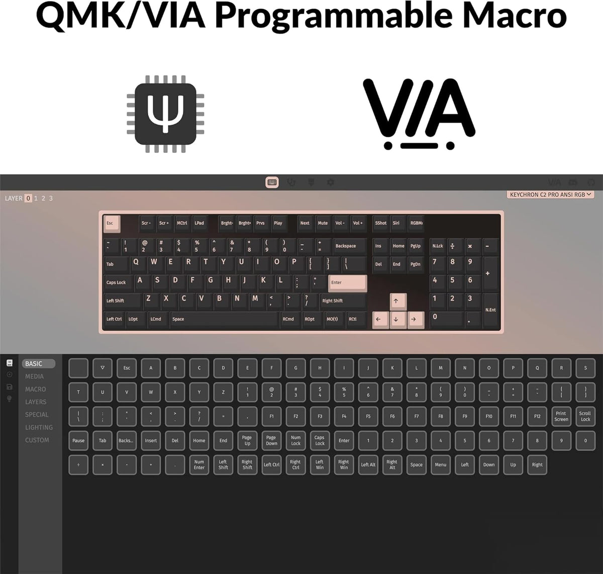 Keychron C2 Pro Wired Custom Mechanical Keyboard Full Size Layout QMK/VIA Programmable Macro White Backlit with Keychron K Pro Brown Switch OEM Profile Double-Shot PBT Keycaps for Mac Windows Linux