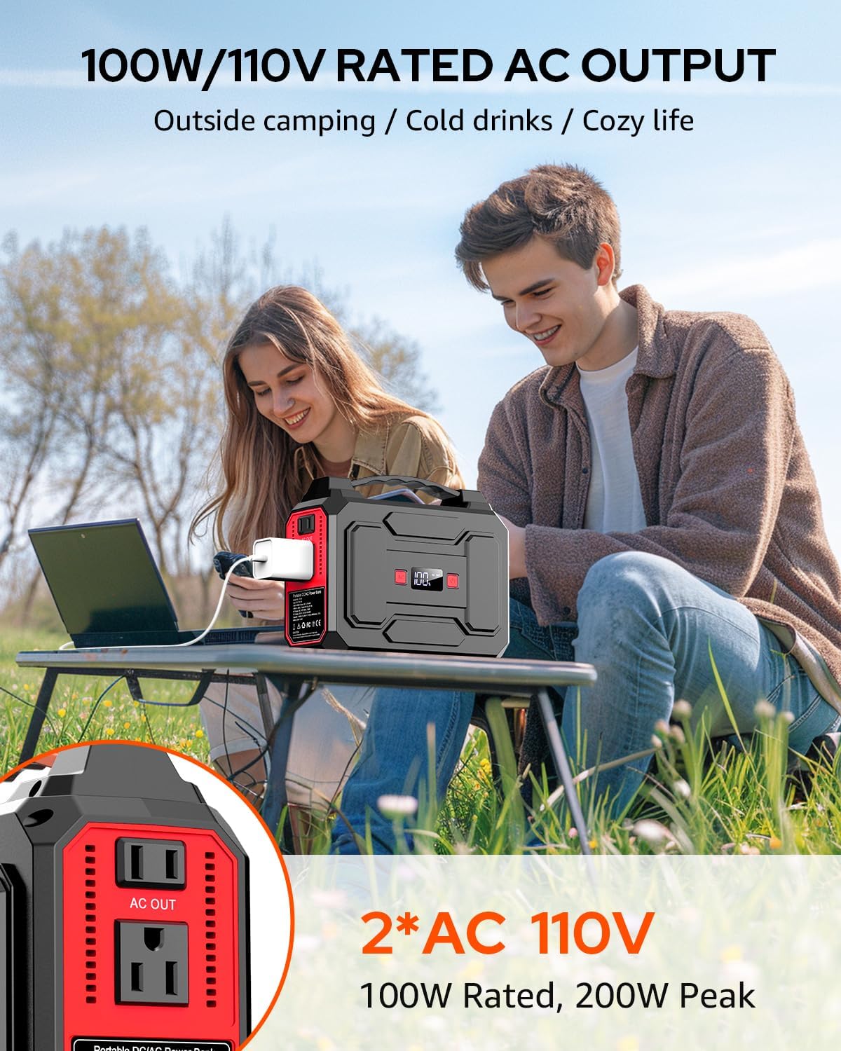Apowking Portable Power Station Bank 146Wh 200W Peak(100W Rated), Solar Powered Power Bank with AC Outlet 110V for Camping, Solar Charger Power Bank Battery Pack 39600mAh for Home Outdoor Emergency