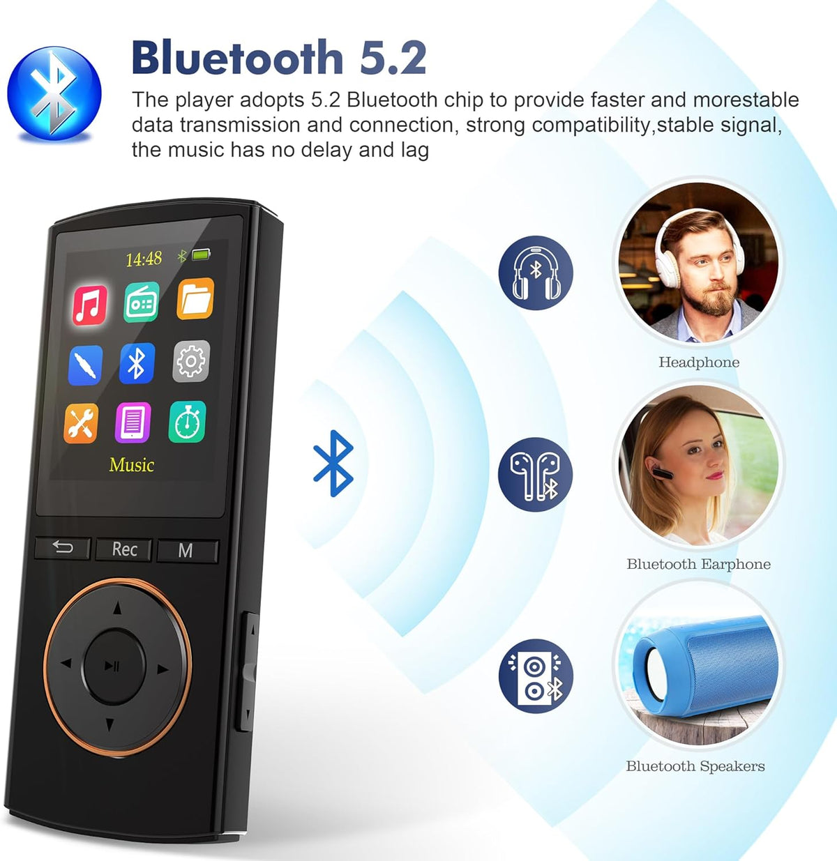 MP3 Player, Safuciiv 32GB with Bluetooth 5.2, Lossless Music HiFi Sound Quality, FM Radio, Earphones Included