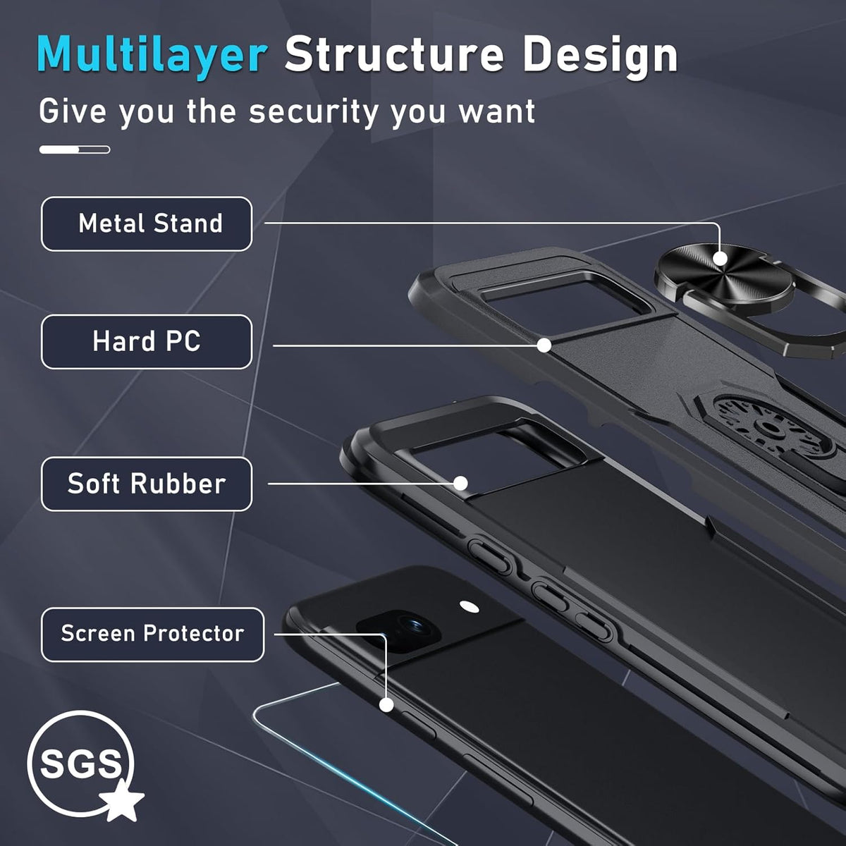 Shop Google Pixel 8a Case 2024: Heavy Duty Black Matte with Screen & Camera Lens Protectors, Rotatable Kickstand.