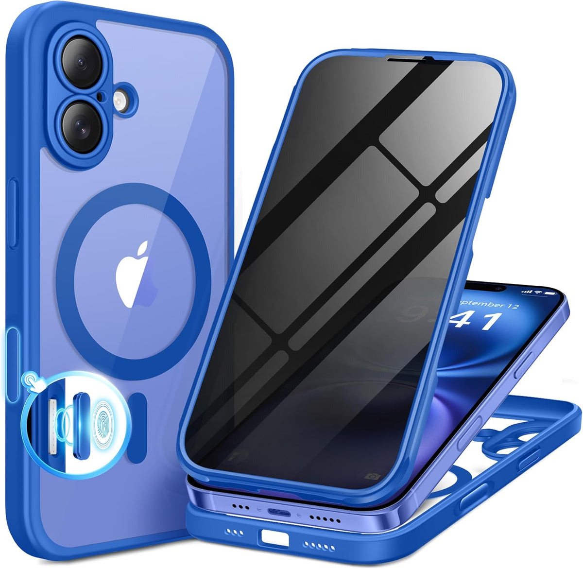 BERFY Magnetic for iPhone 16 Case, Compatible with MagSafe, Built-in Privacy Screen Protector and Upgraded Camera Protection, Anti-Spy Full Body Shockproof Phone Case for 16 6.1", Klein Blue