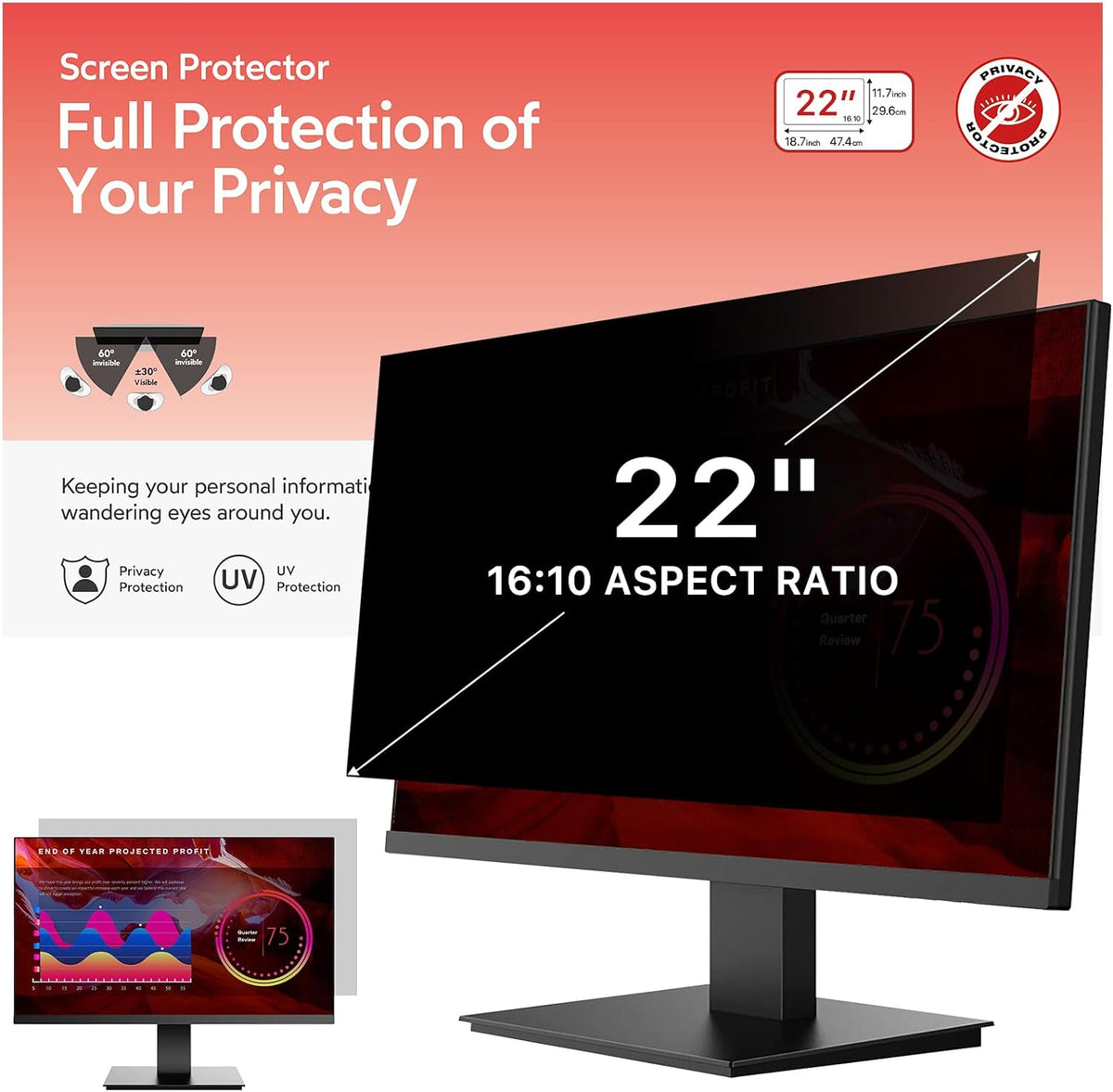 BERSEM 22 Inch Monitor Computer Privacy Screen Filter for 16:10 Ratio,Removable Monitor Anti-Glare & Privacy Filters for 22 Inch, Anti Blue Light, Anti-Spy, Anti-Scratch, UV-Blocking Peripherals