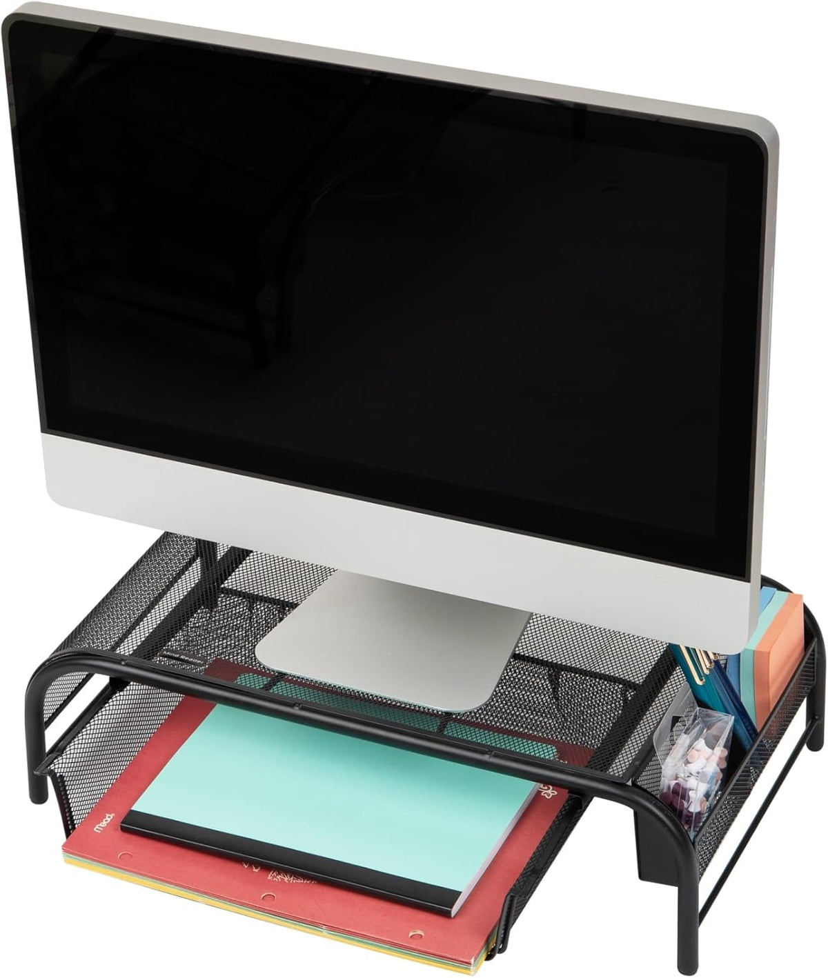 Mind Reader Monitor Stand, Set of 2, Ventilated Laptop Riser and Paper Tray, Metal Mesh, Black