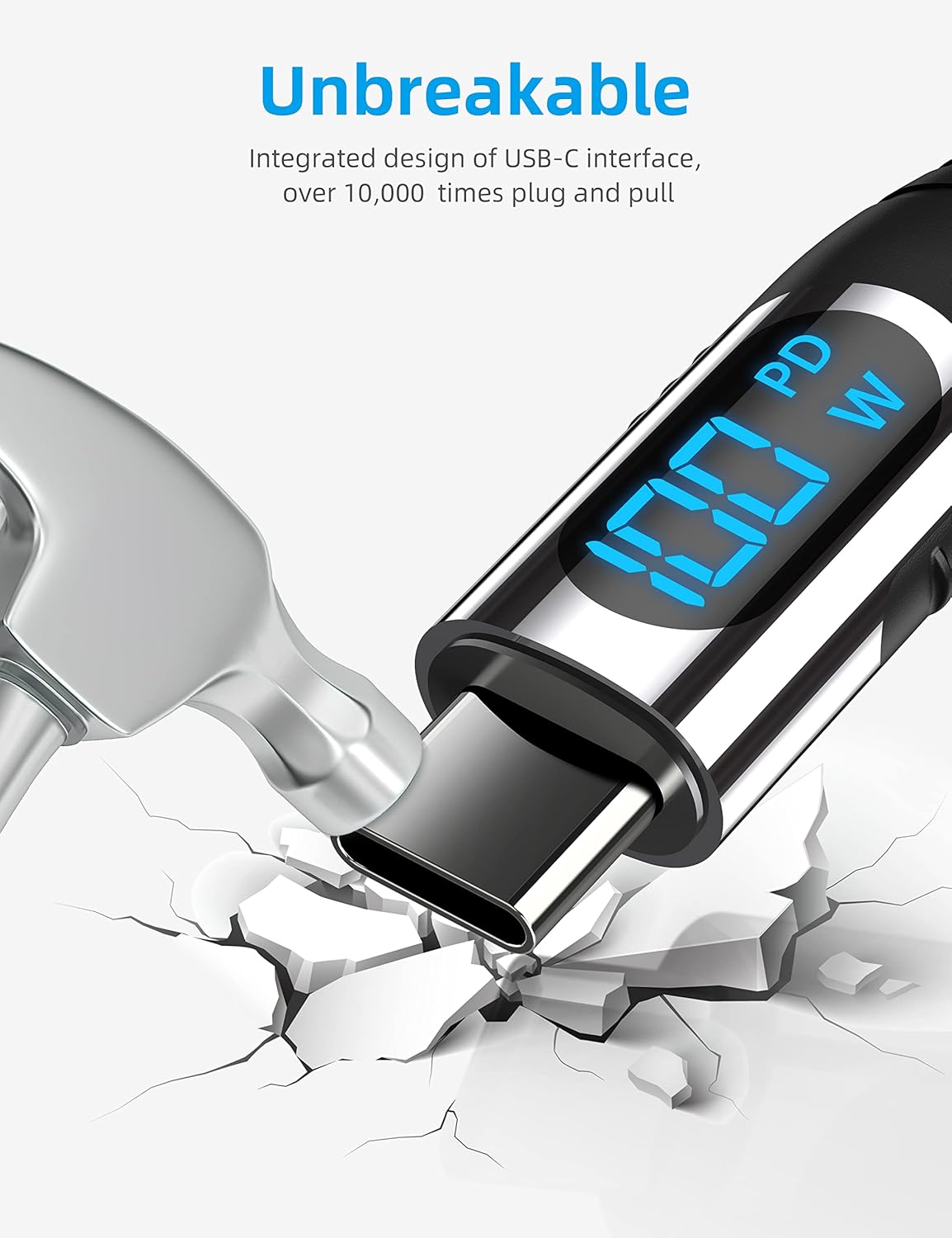 10ft Long USB C to USB C Cable (100W 5A) with LED Display, Fast Charging for iPhone 15, MacBook, Galaxy S23, Pixel.