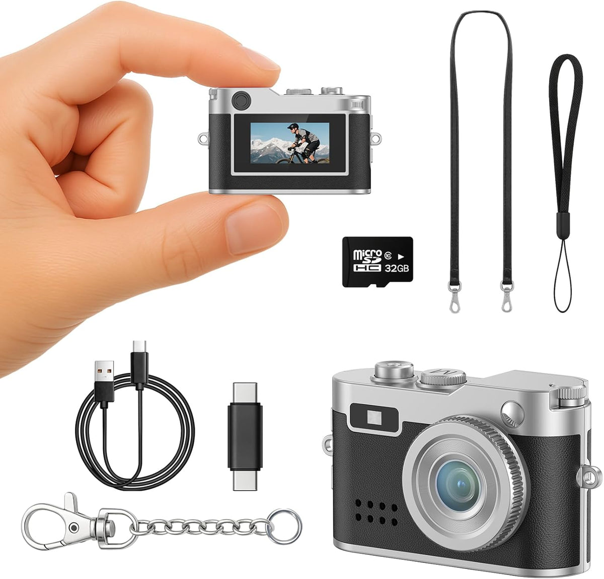 Dienspeak 1080P 32GB 0.96" Mini Digital Camera, HD Tiny Retro Keychain Camera with Card, Screen & OTG Adapter, Vintage