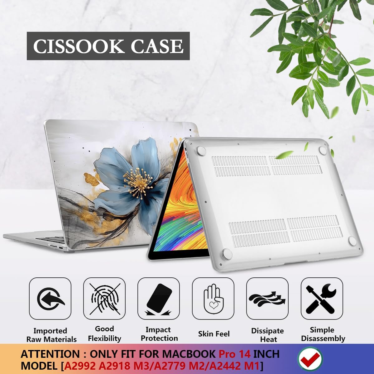 CISSOOK for MacBook Pro 14 Inch Case 2024 2023 2022 2021 M4/M3/M2/M1 Pro/Max Chip A3401 A3112 A3185 A2918 A2992 A2779 A2442 Model, Plastic Cover for MacBook Pro 14'' with Touch ID, Retro Floral