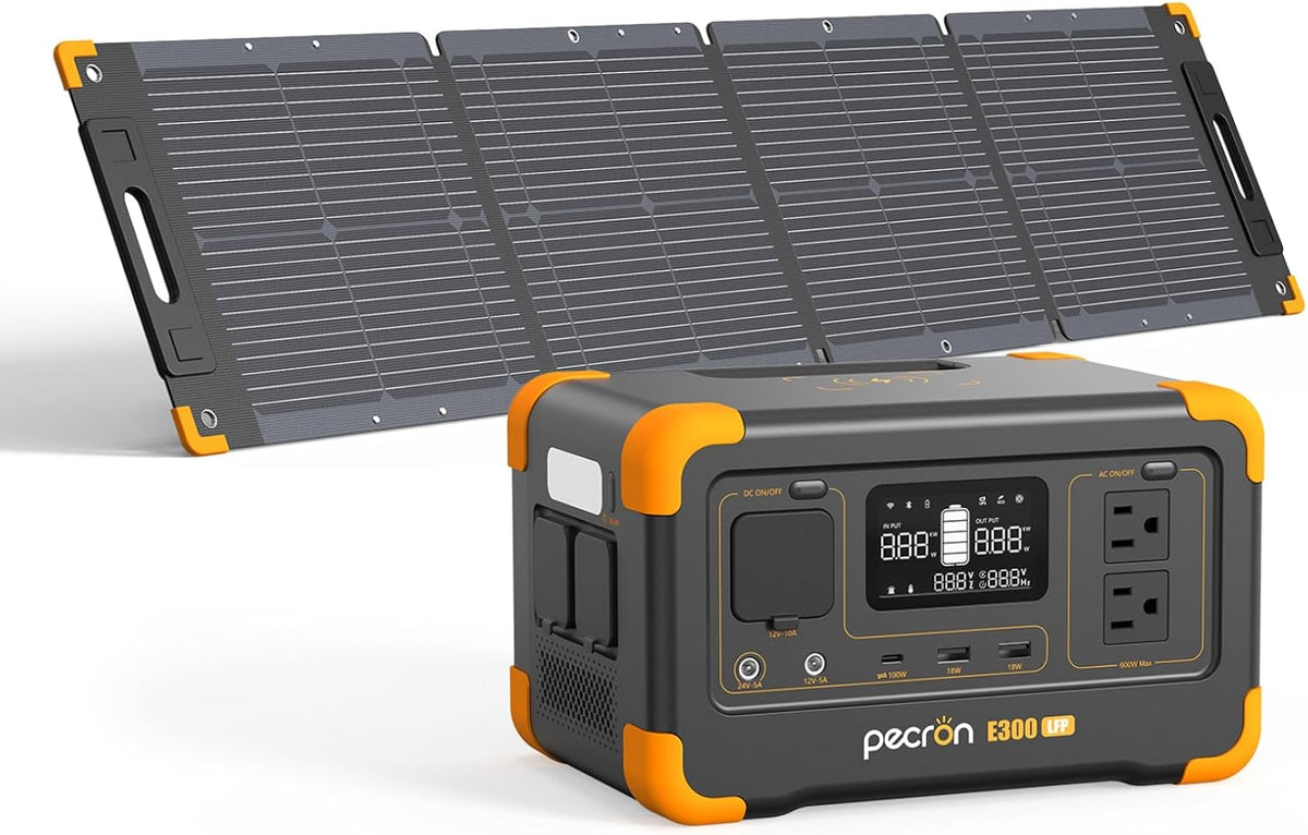 PECRON E300LFP 288Wh Solar Generator with 100W Solar Panel, 600W Portable Power Station LiFePO4 Battery, Fast Charge Battery for Home, Outdoor, Off-Grid Living, RV, Emergency