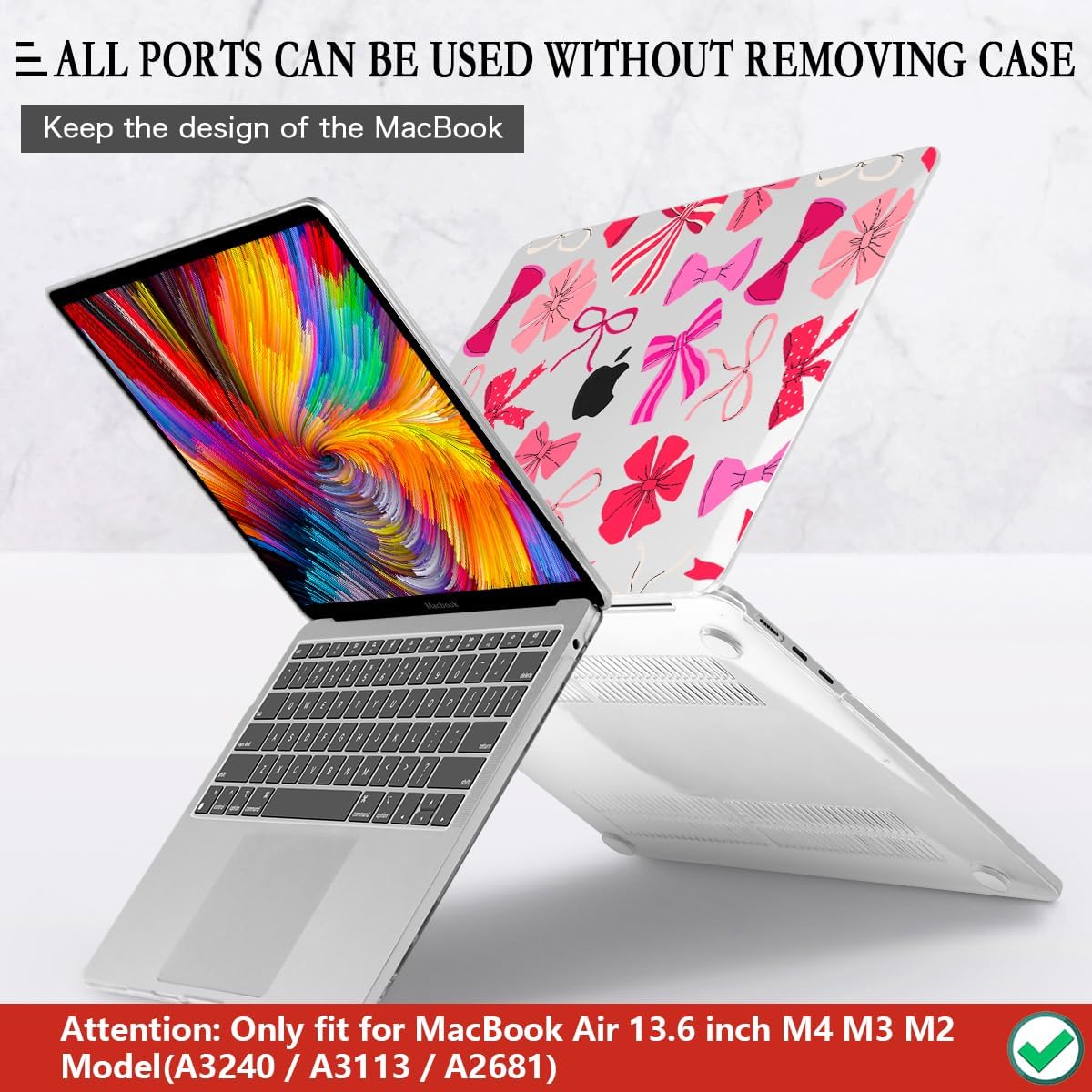 CISSOOK Compatible with MacBook Air 13.6 inch Case 2025 2024 2023 2022 Release A3240 A3113 A2681, Plastic Hard Shell Case Keyboard Cover Screen Protector for MacBook Air 13inch M2 M3 M4, Pink Bows