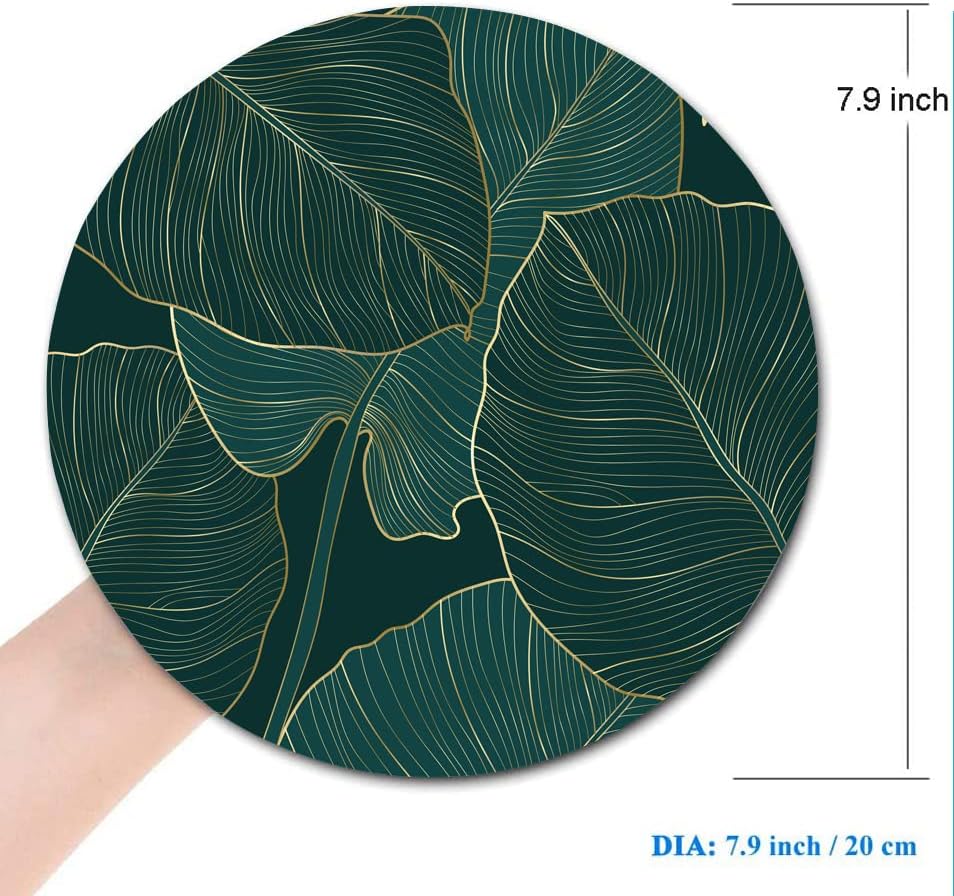 Mouse Pad, Round Computer Mouse Mat with Design, Non-Slip Rubber Base Small Mousepad, Waterproof Office Mouse Pads, Green Tropical Leaves