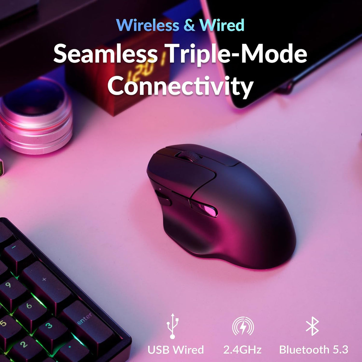 Keychron M7 8K Wireless Mouse, 30K DPI Optical Computer Mice, 2.4 GHz/Bluetooth/Wired with Macro Button 66g Lightweight Ergonomic, Up to 140 Hours Worktime for Laptop macOS/Windows - Black