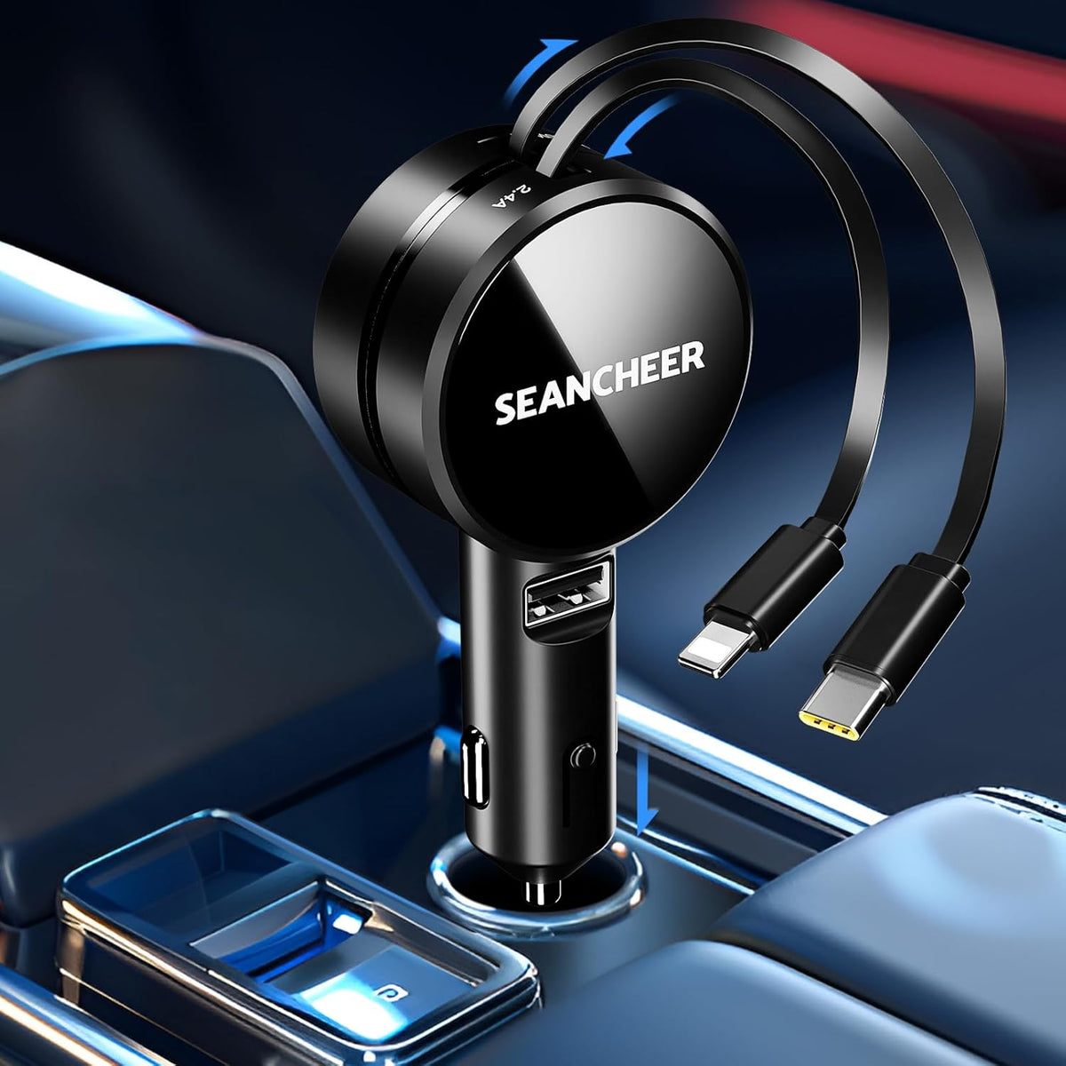 Retractable Car Charger for iPhone and Android, Fast Charging with Retractable Cords (2.6Ft), USB-C Ports, Compatible