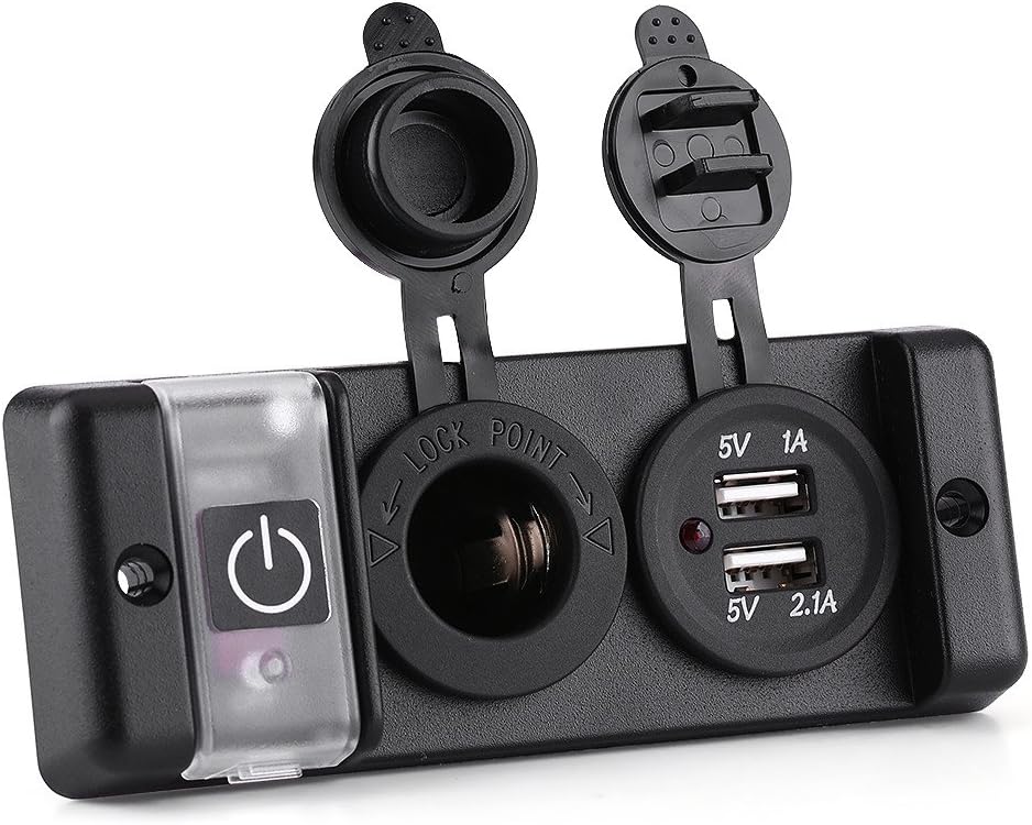 12V Waterproof Cigarette Lighter Socket, Dual USB Power Socket Switch Panel for Car RV Marine Boat