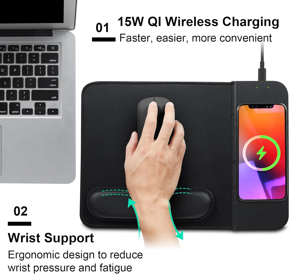 15W Wireless Charging Mouse Pad with Detachable Wrist Support, Fast QI Charger for iPhone/Samsung Devices, Black