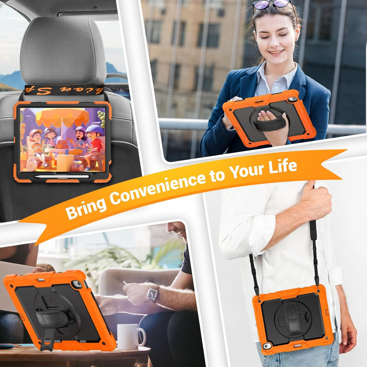 SEYMAC for iPad Air 13 Inch Case M3 2025/ M2 2024, Heavy Duty Shockproof Protective Case with Screen Protector, 360° Rotating Stand, Hand/Shoulder Strap and Pen Holder for iPad Air 13, Orange