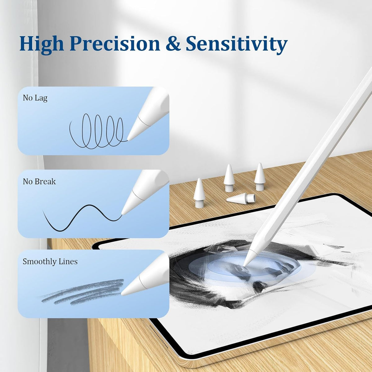 Upgraded Replacement Tips for Apple Pencil Pro/2nd Gen/1st Gen/USB-C,No Wear Out Pencil Nibs Precise Control - Replacement Nibs for Apple iPad Pencil - 8 Pack White