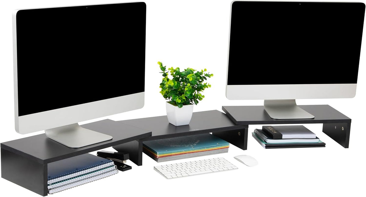 Mind Reader Dual Monitor Stand, Height Adjustable Desktop Organizer, Laptop Riser, 51.25" L x 9.25" W x 4.75" H, Black