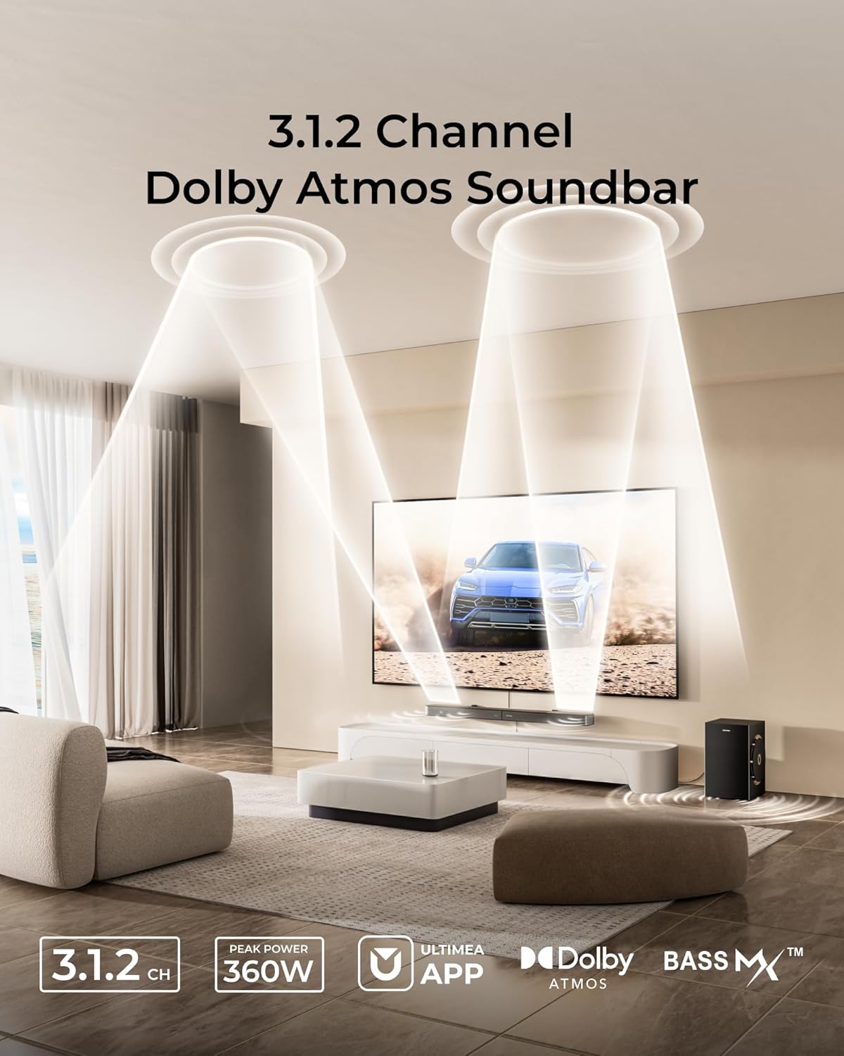 ULTIMEA 3.1.2ch Sound Bar with Dolby Atmos, Surround Sound System for TV with 6.5 inch Subwoofer, Sound Bar for Smart TV, Soundbar with Subwoofer for Home Theater, BT 5.4, HDMI eARC, Skywave F30 Boom