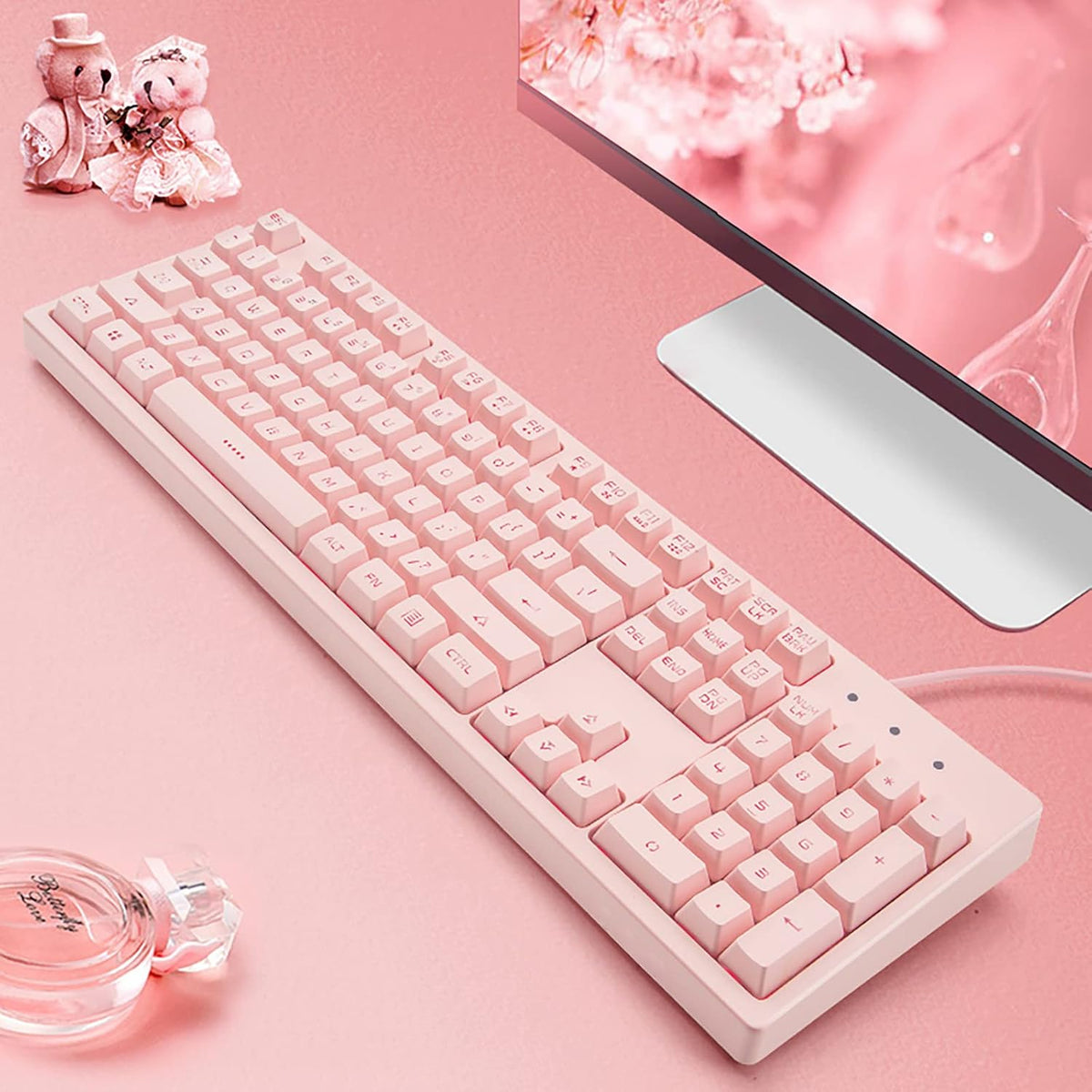 Basaltech Pink Keyboard with 7-Color LED Backlit, 104 Keys Quiet Silent Light Up Keyboards, 19-Key Anti-Ghosting Cheap Gaming Keyboard Mechanical Feeling Waterproof Wired USB for Computer, Mac, Laptop