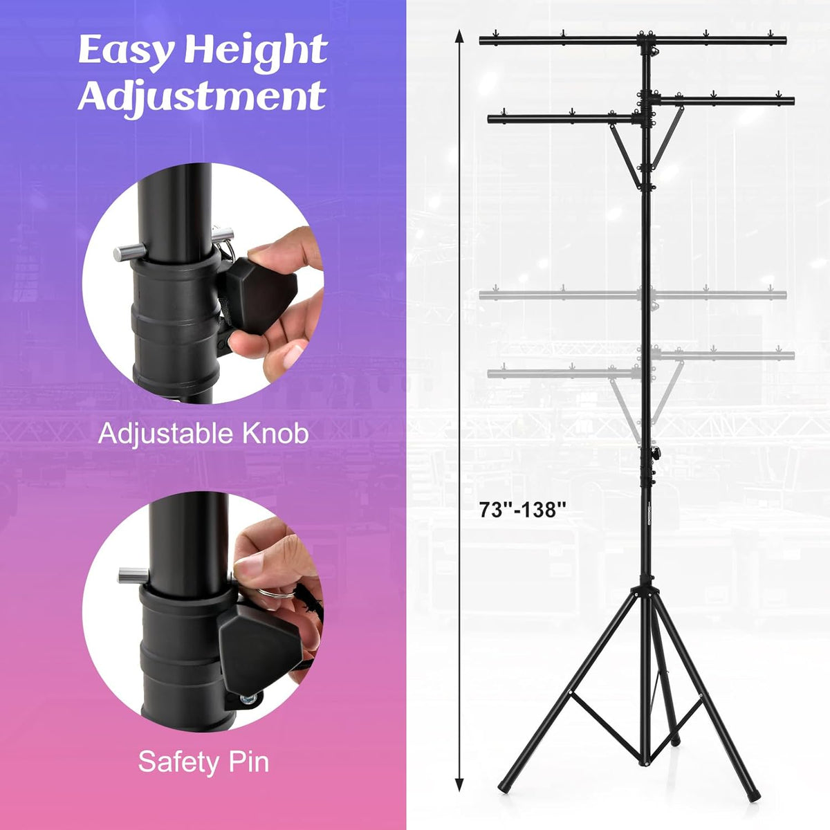 S AFSTAR Pro Audio Tripod, Multi Arm Tripod w/ 6.1-11.5 FT Adjustable Height, Portable T Bar Lighting Stand w/ 100 LBS Capacity, DJ Lighting Stand Suitable for Stage Bar Banquet Party