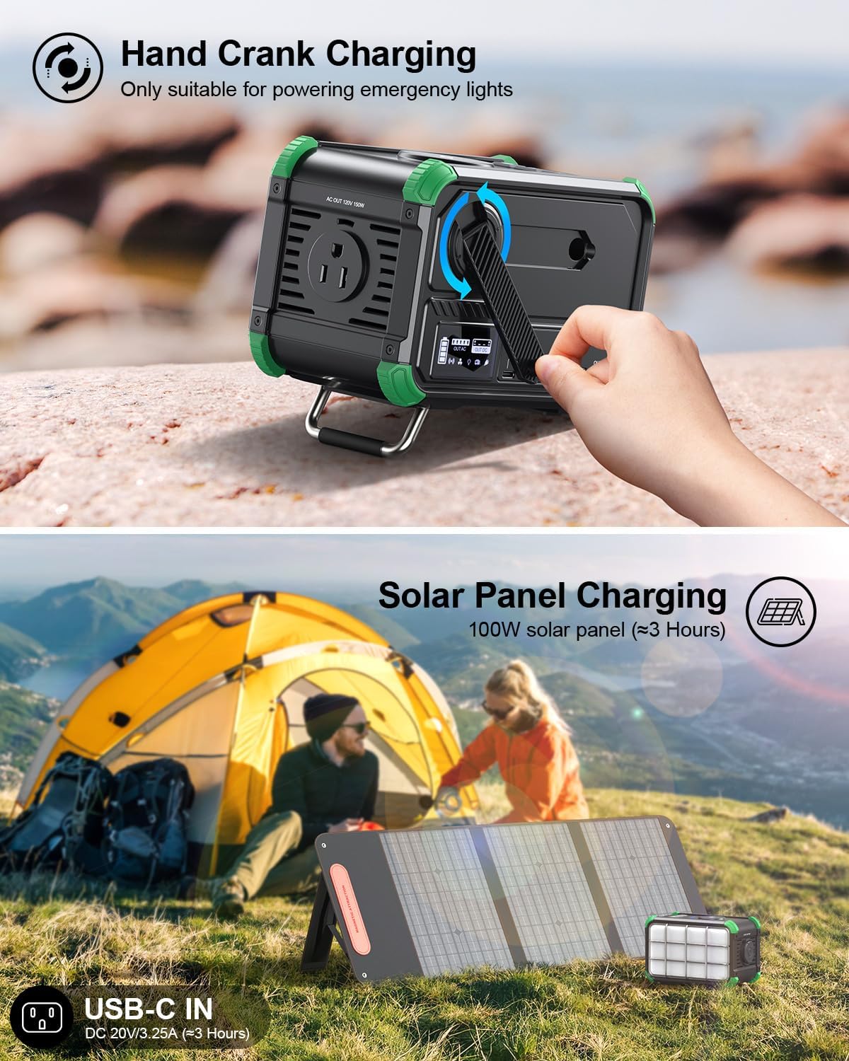 BROWEY Portable Power Station 153Wh Small Solar Generator with Hand Crank 120V 150W AC Outlet Lithium Battery Power Bank, Wireless Charging Emergency Charger for Outdoor Camping Travel Home Backup