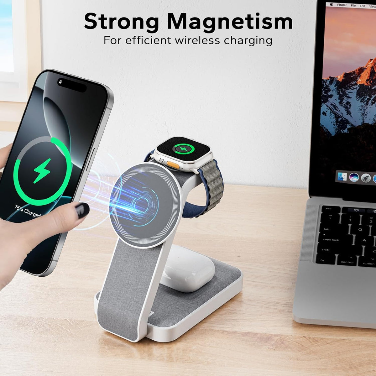 3 in 1 Foldable Wireless Travel Charging Station for MagSafe, Nightstand Magnetic Charger Stand for iPhone 16 15 14 13 Pro Max, Mag-Safe Charging Dock with Night Light for Apple Watch/AirPods