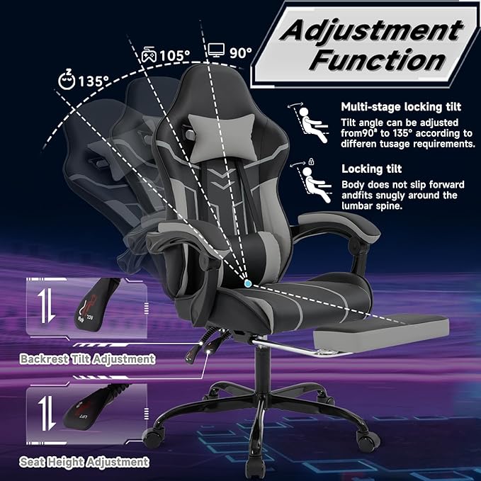 Black 360° Swivel Gaming Chair Ergonomic Heavy Duty 330lbs Office Chair with Footrest and Massage Lumbar Support Height Adjustable High Back Reclining Gamer Chair with Headrest (Black)