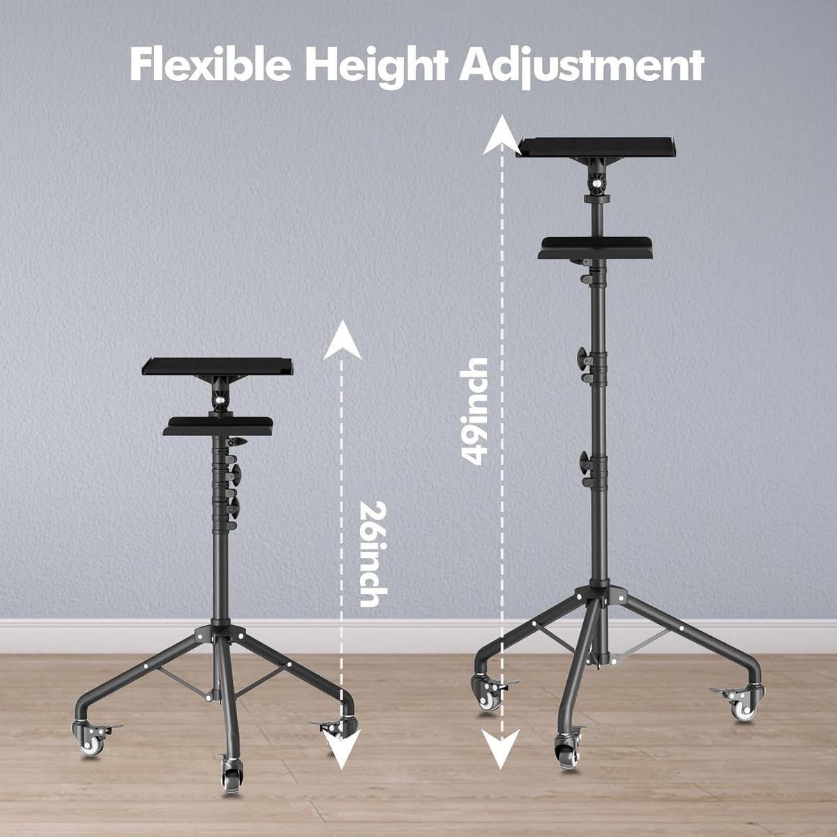 Projector Tripod Stand with Wheels, Portable Laptop Floor Support with Mouse Tray & Bag, Height Adjustable 26 to 49 Inch with Gooseneck Phone Holder for Office, Home, DJ Racks