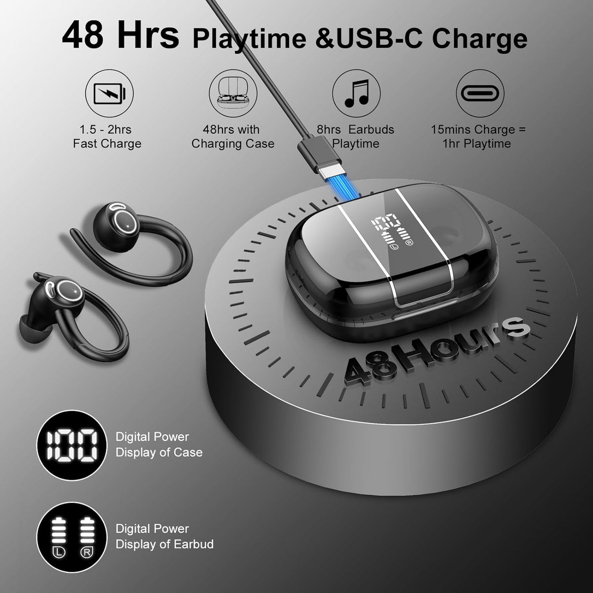 Wireless Earbuds Bluetooth 5.3 Headphones Sports, 48Hrs Playtime Bluetooth Earbuds with CVC 8.0 Mic, Stereo Bass Over Ear Bud with Earhooks, LED Display, IP7 Waterproof Earphon for Workout/Running