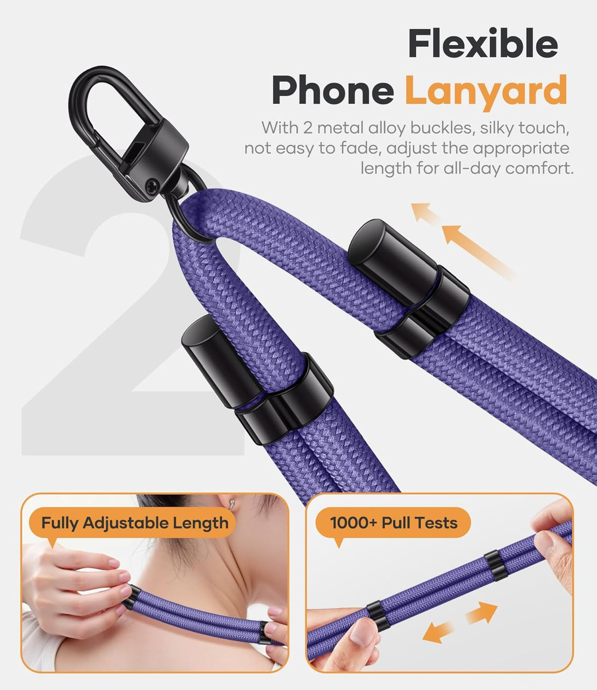 for Phone Lanyard Crossbody with 2X TPU Clear Phone Tabs, Multifuctional Double Flexible Neck Strap, Durable Sturdiness Carabiner, Lightweight Comfortable, Wrist for Women Men, Purple