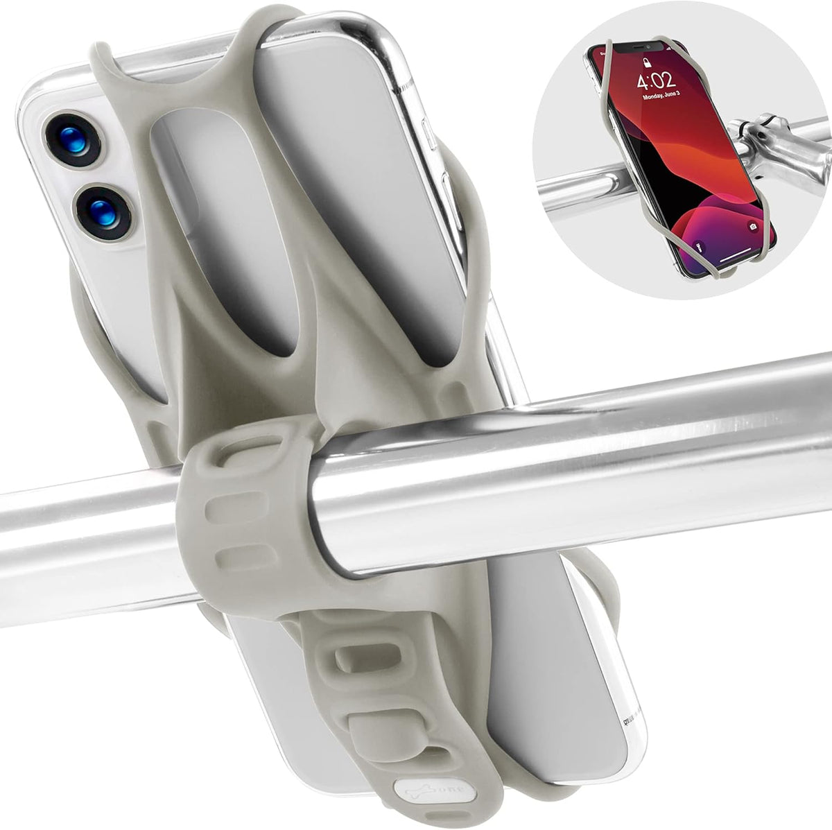 BONE Bike Tie 3, Bike Cell Phone Mount for Handlebar, Scratch-Free Silicone Holder with Anti-Slip Design, Universal Cycling Phone Holder Compatible with Most Smartphones (Gray - Handlebar)
