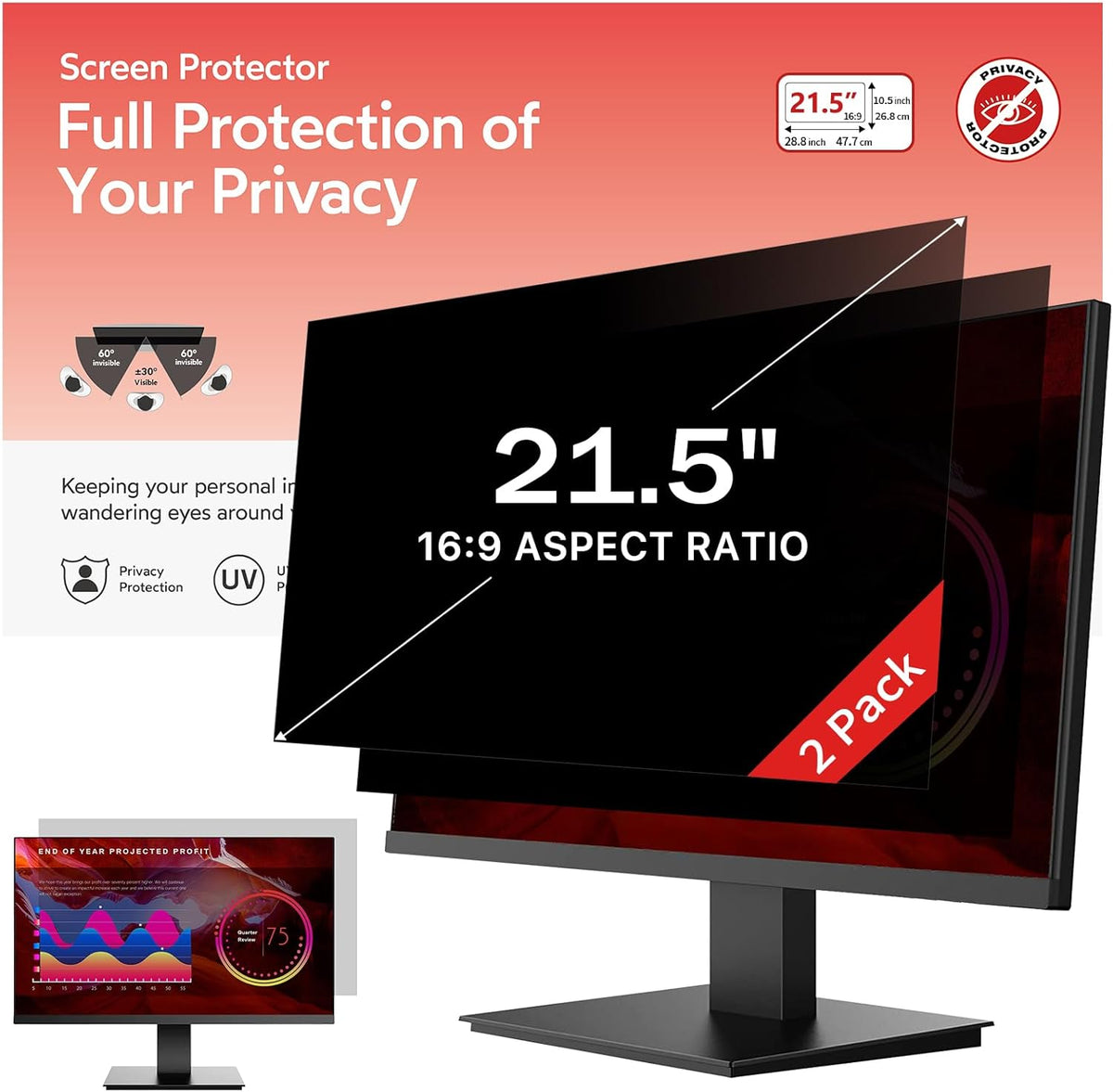 bersem 2 Pack 21.5 Inch Monitor Computer Privacy Screen Filter for 16:9 Ratio,Removable Monitor Anti-Glare & Privacy Filters for 21.5 Inch, Anti Blue Light, Anti-Spy, Anti-Scratch, UV-Blocking