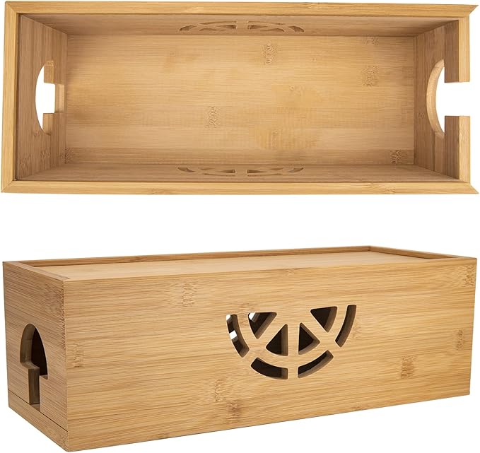 Cable Management Box,Cord Organizer Box,Bamboo Cable Organizer Box for fit Desk Computer USB Behind TV Home Hall Computer Power
