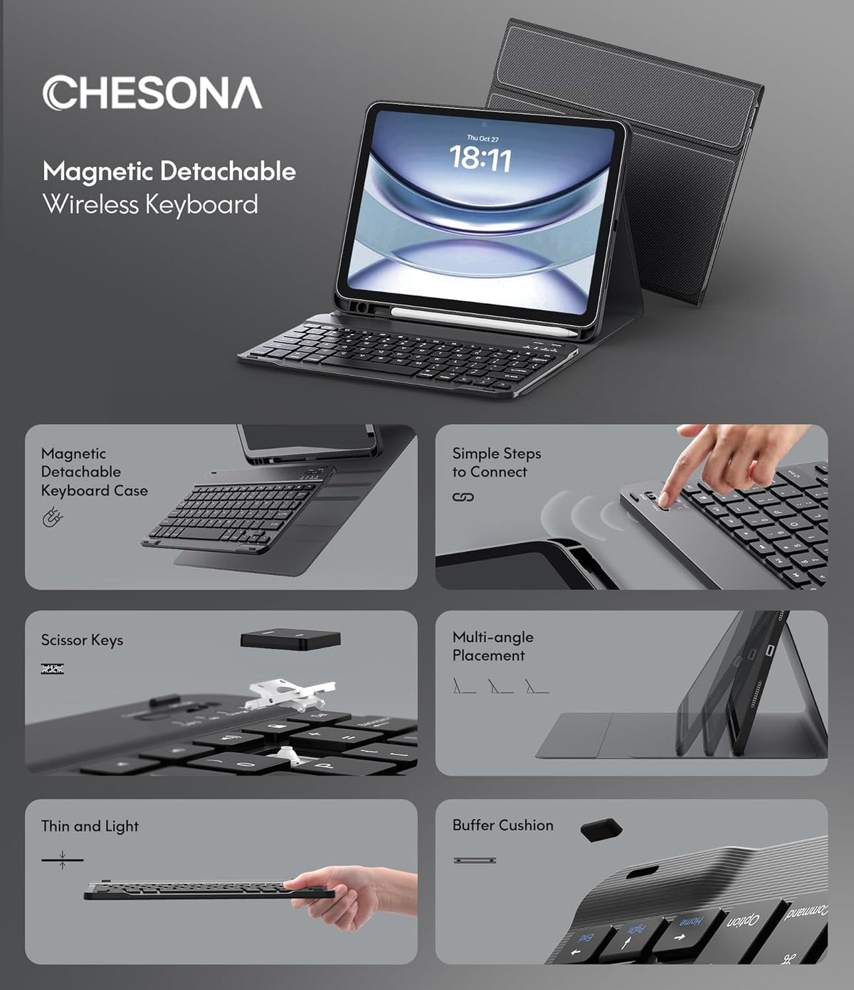 CHESONA Keyboard Case for iPad (A16) 11th/10th Generation (2025/2022), Detachable Wireless Keyboard, Stand Folio Keyboard Cover with Pencil Holder, Thin & Light (Black)