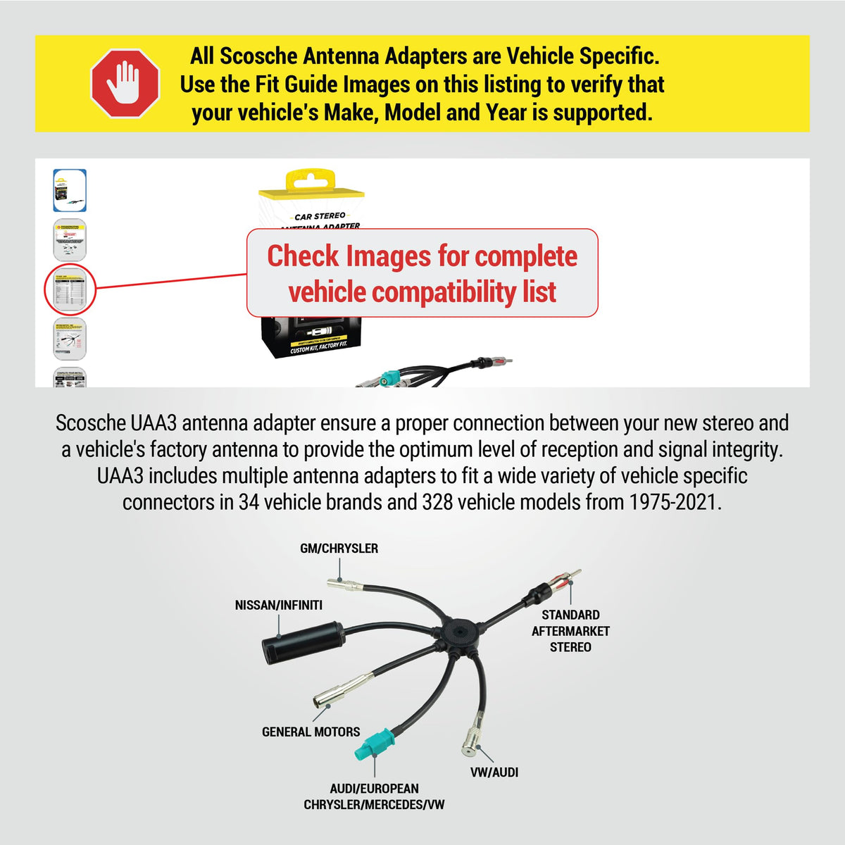Scosche UAA3 Multi-Vehicle All-in-One Antenna Adapter for Aftermarket Car Stereo Compatible with Most Domestic and Import Vehicles - Radio Antenna