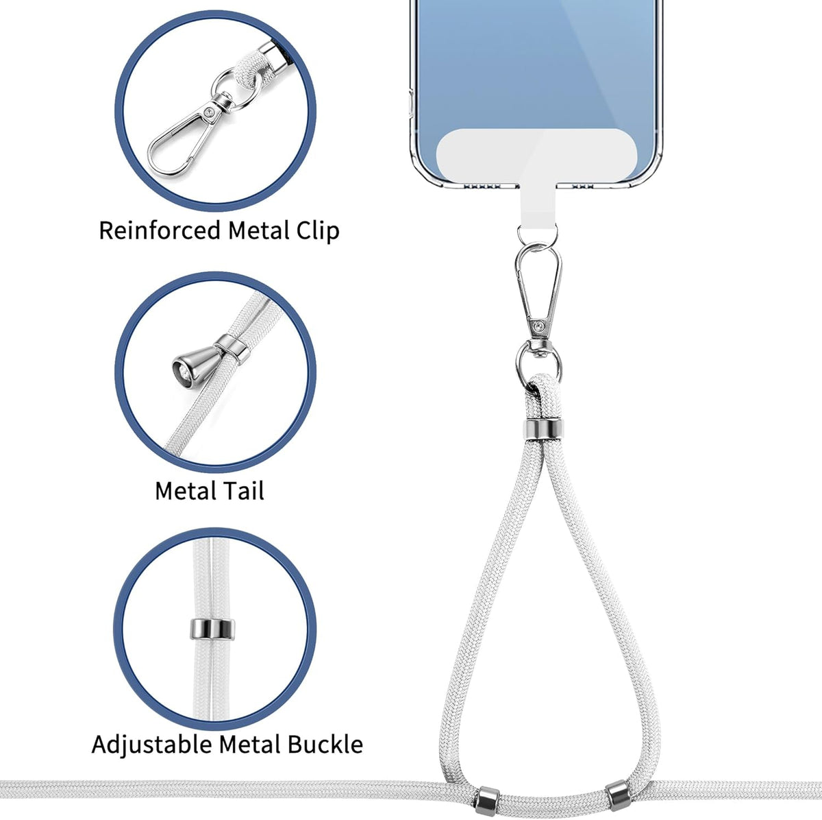 CACOE Phone Lanyard 2 Pcs-1 Pcs Adjustable Neck Strap, 1 Pcs Wrist Strap, 2 Pads, Universal Crossbody Multifuctional Cell Phone Lanyards Compatible with Most Smartphones(White)