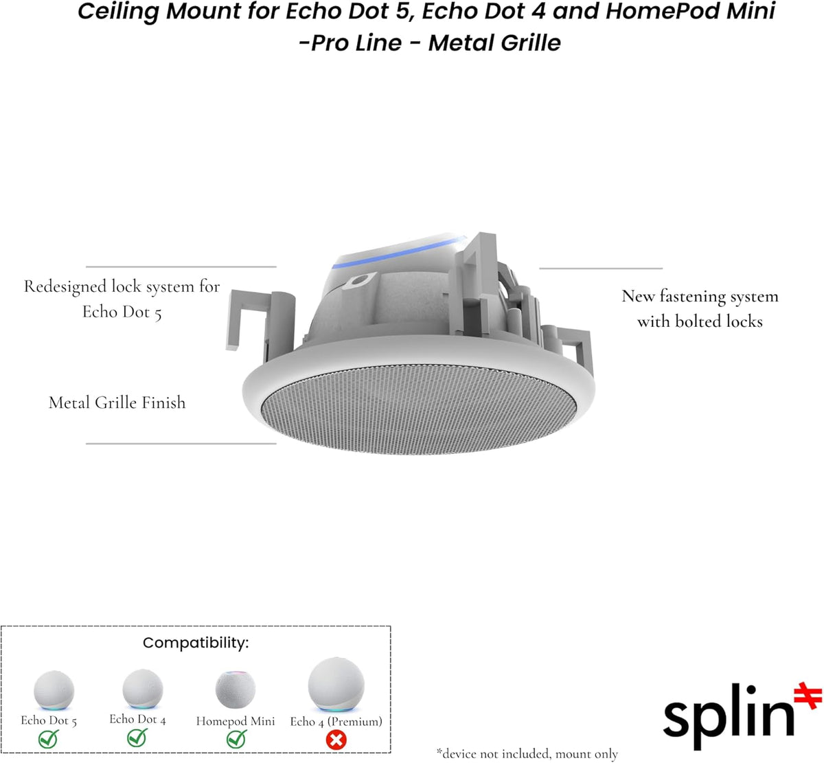 Splin Ceiling Embedded Mount Stand for Smart Speaker Alexa Echo Dot 4th & 5th Gen, Amazon, HomePod Mini, Apple— Pro