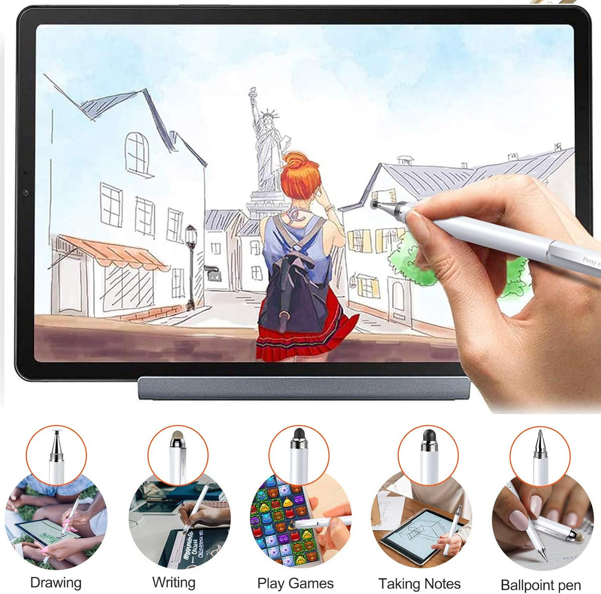 Stylus Pen for Touchscreen - Versatile 4 in 1 High Sensitivity and Precision Tablet Stylus Pen, Universal for iPad,iPhone,Samsung,Android All Capacitive Touch Screens-White