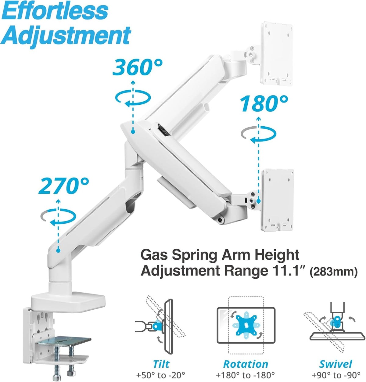 AVLT RGB Lights Single 17”-49” Gaming Monitor Arm Desk Mount, Fits One Flat/Curved/Ultrawide Screen up to 44lbs(20kg), Height Swivel Tilt Adjustable Stand - White
