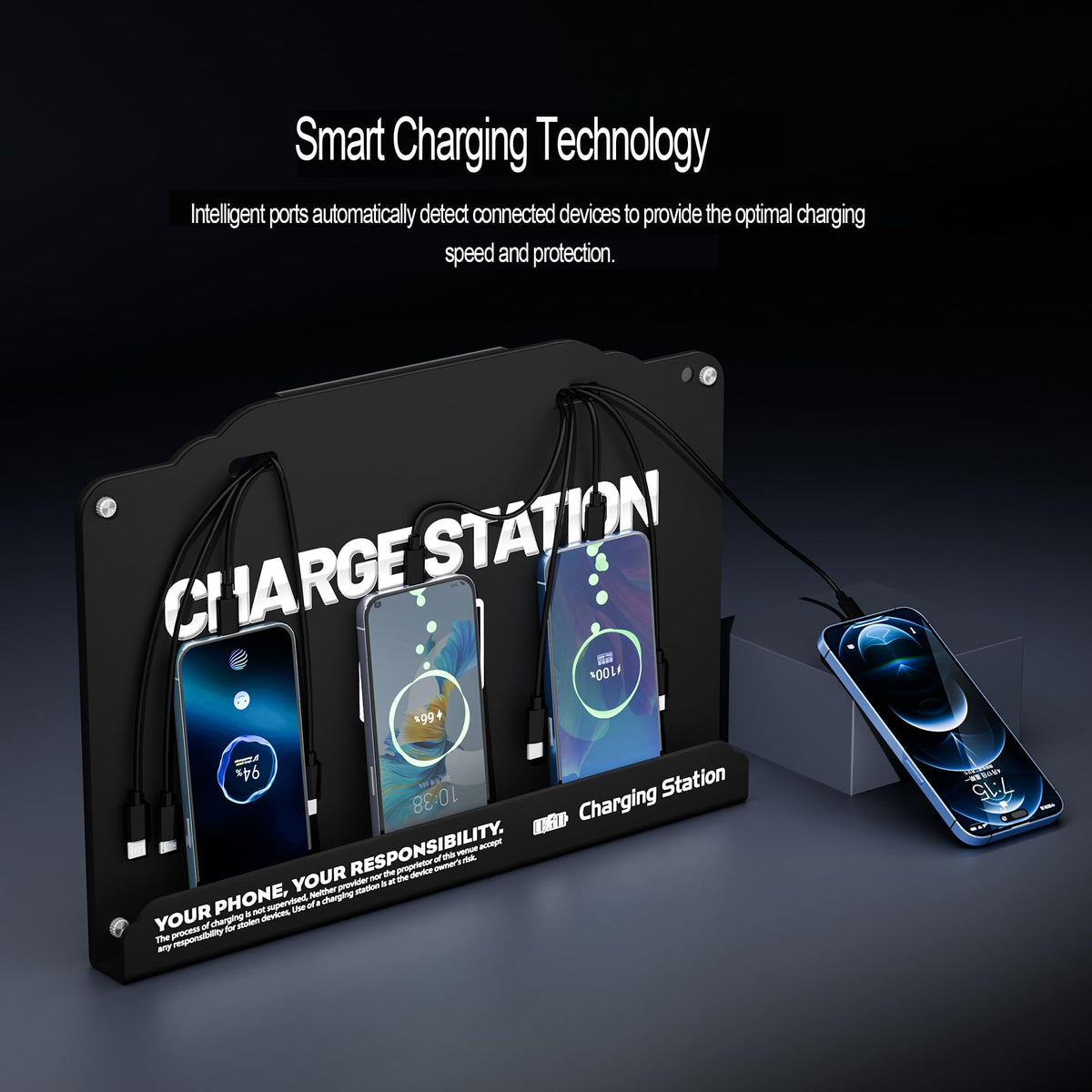 Wall Mounted 8 Port Charging Station with Fast Charigng Cables - Multi Device Charging Dock for Office, Hotel & Public Spaces | Compatible with iPhone