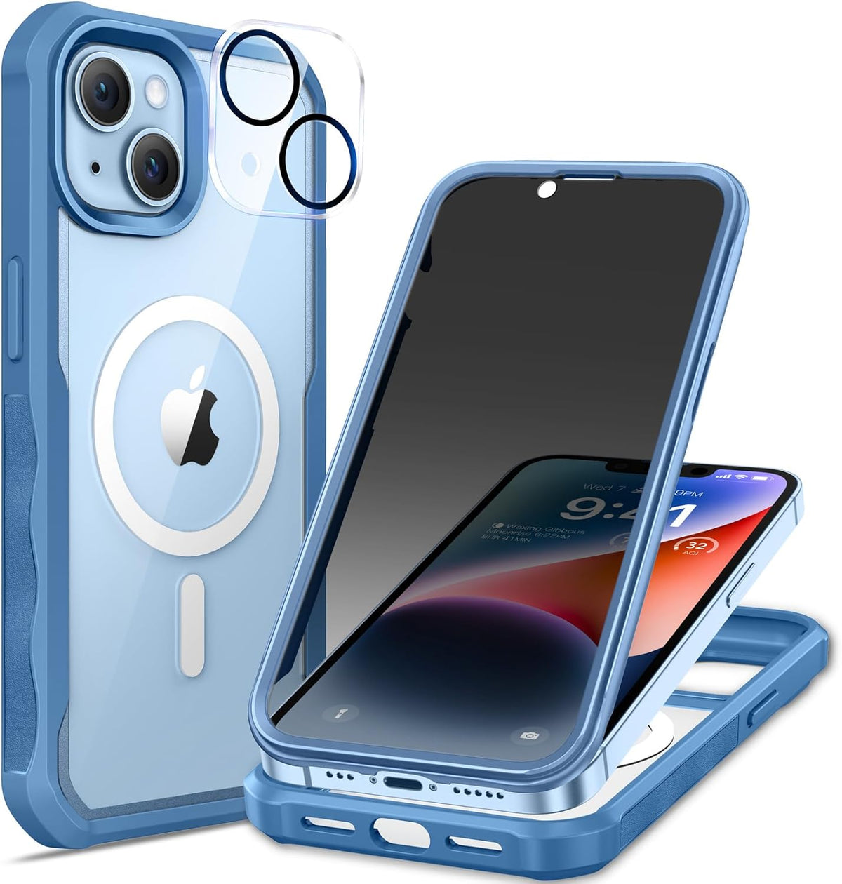 seacosmo for iPhone 14 Case, Full Body Bumper with Built-in 9H Tempered Glass Privacy Screen and Camera Lens Protector, Compatible with MagSafe, Shockproof 14 Phone Case, 6.1", Blue