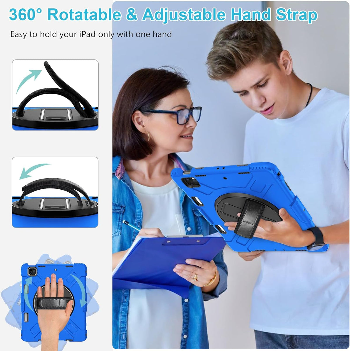 Case for iPad Pro 12.9 2022/2021/ 2020/2018: Cover for iPad Pro 12.9 6th/ 5th/ 4th/ 3rd Generation with Screen Protector- Stand- Pencil Holder- Handle- Shoulder Strap Blue
