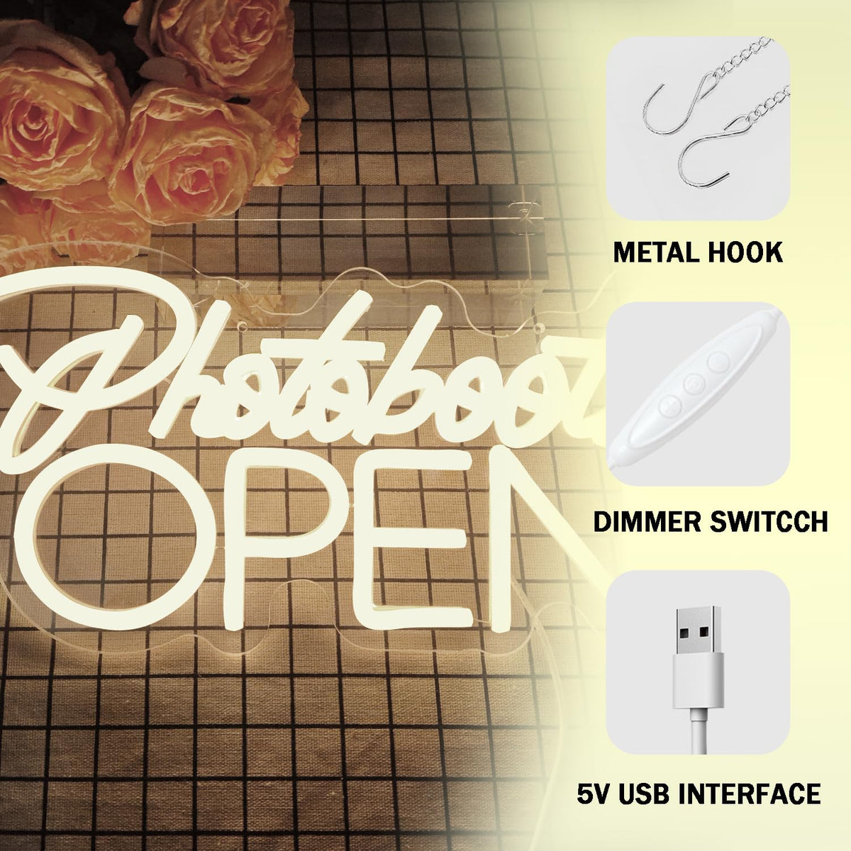 PhotoBooth Neon Sign for Wall Decor Dimmable Photobooth Neon light with USB Open Neon Light Office Open Sign Neon Decor Wedding Reception Sign