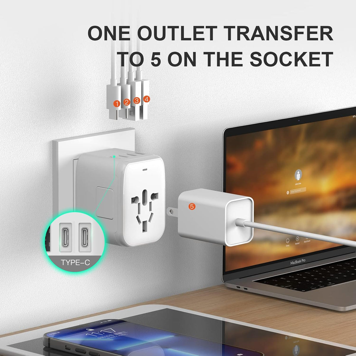 Universal International Power Travel Plug Adapter, 5 in 1 European Travel Plug Adapter W/ 3.5A 2xUSB-A and 2xUSB C Wall Charger and Worldwide AC Outlet for Europe USA UK AUS Asia