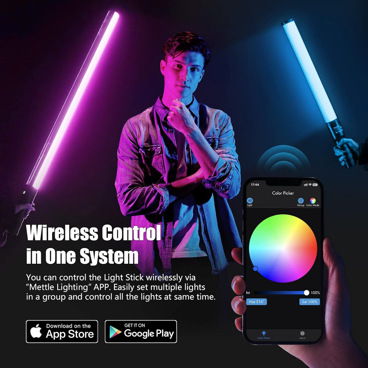 Mettlelite LS800C RGB Light Stick and Mettlelite SPL210C LED Video Light Full Color Video Light with APP Control 2800K-8000K CRI96 TLCI97 RGB CCT HSI Mode LED Light Bundle
