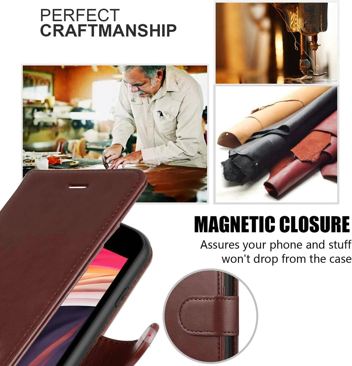 STARSHOP Compatible Samsung Galaxy A12 Phone Case, Leather Wallet Cover with Tempered Glass Protector, Brown