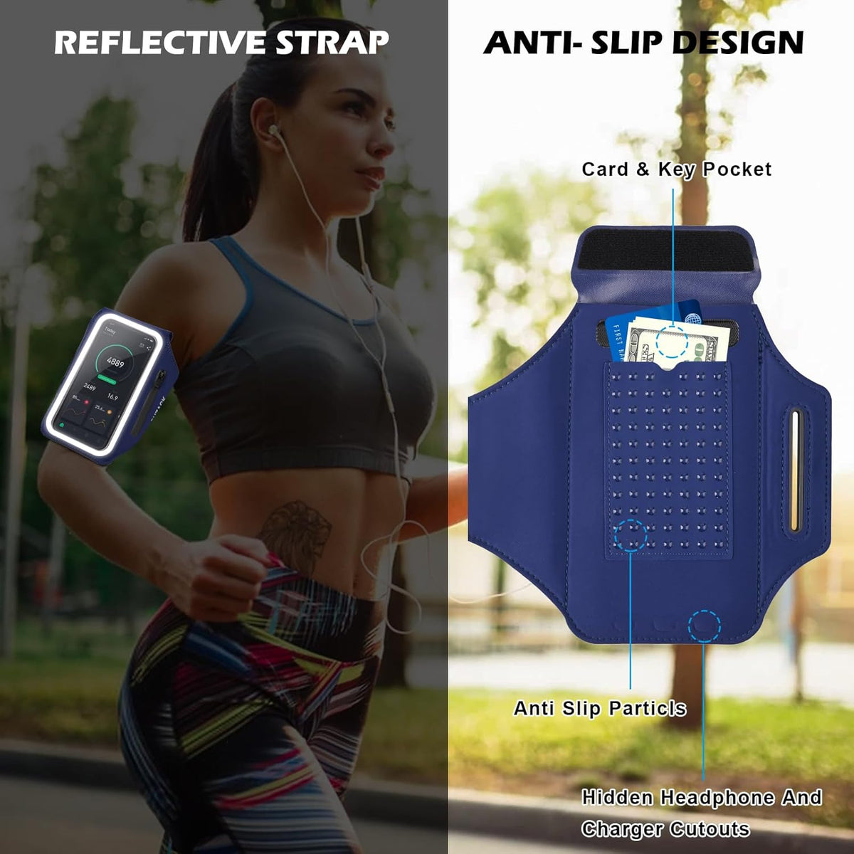 GUZACK Running Armband, Running Phone Holder with Key Pockets & Card Slot for iPhone 15 14 13 12 11 Pro Max Plus, Galaxy S24 S23/S22/S21 Fit Up to 6.9 Inches, Navy Blue Green Zipper