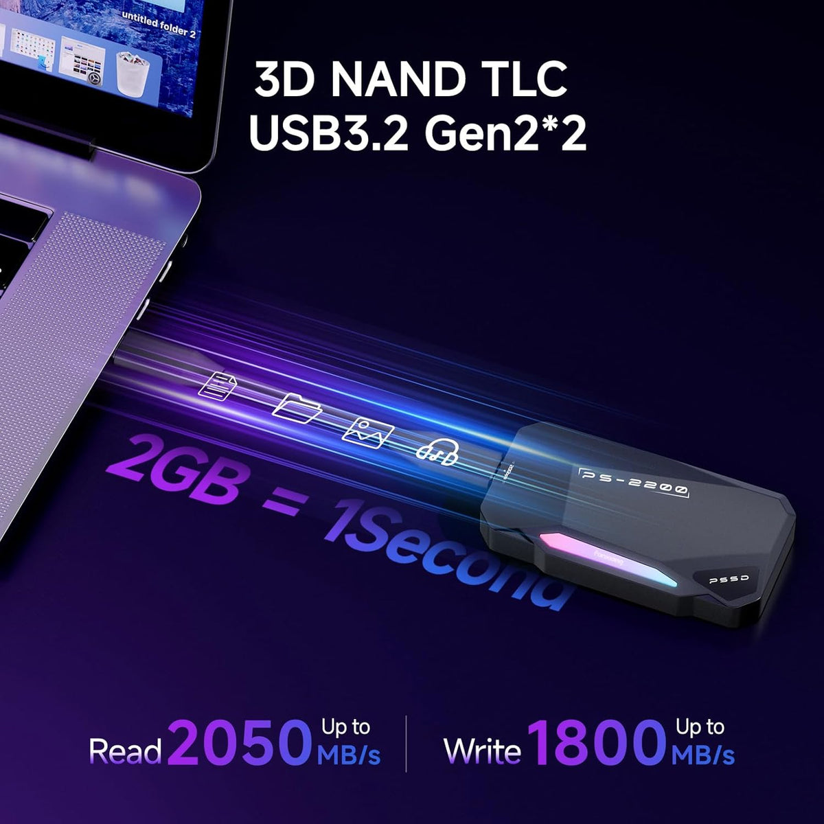 1TB Magnetic Portable SSD,2050MB/s Type-C USB 3.2 Gen 2x2 External SSD,4K ProRes Record and Store,Aluminum alloy,RGB Touch Lighting,External Solid State Drives for iPhone15/16/Android/PC/Mac -PS2200