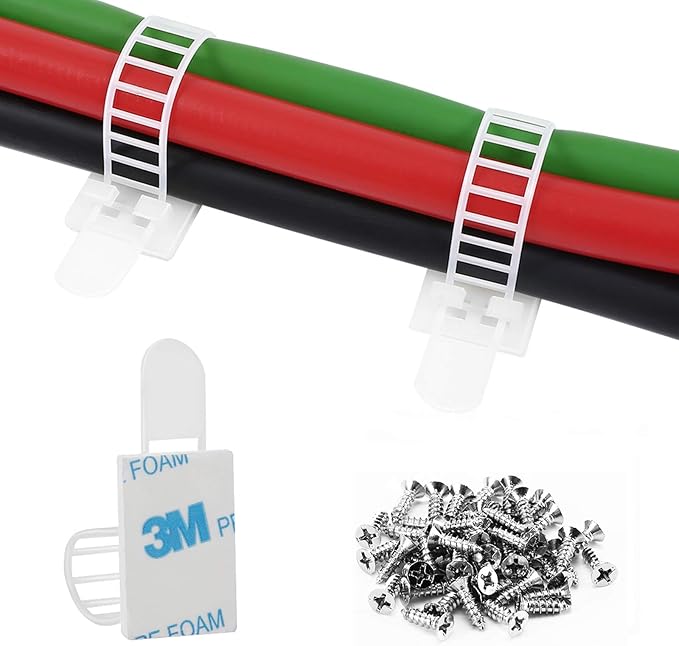 50Pcs Adhesive Cable Management Clips with 50Pcs Zip Ties, Adjustable Nylon Cable Strap Ties Wire Clips Clamps Organizer, Extra Screw & Hole - 3.55 Inch White
