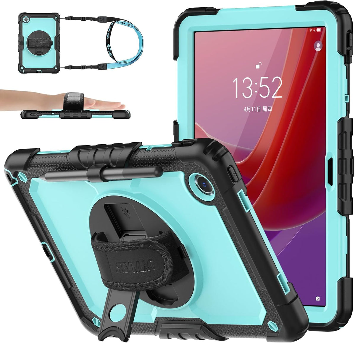 SEYMAC stock Tablet Case for Lenovo Tab M11 (TB-330FU/TB-330XU) 11 inch Drop-Proof Protection Cover with 360° Rotate Stand & Strap [Pen Holder] & Screen Protector/K11/Xiaoxin Pad 2024, Sky Blue+Black
